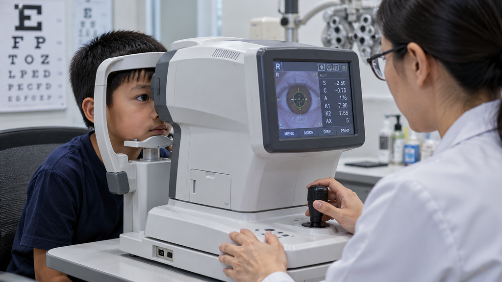 Pemeriksaan mata anak menggunakan mesin autorefractometer di optik untuk memantau penambahan ukuran minus seiring pertumbuhan.