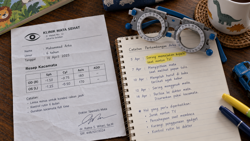 Resep resmi kacamata dari dokter spesialis berdampingan dengan buku catatan harian orang tua yang mencatat gejala keluhan mata anak.