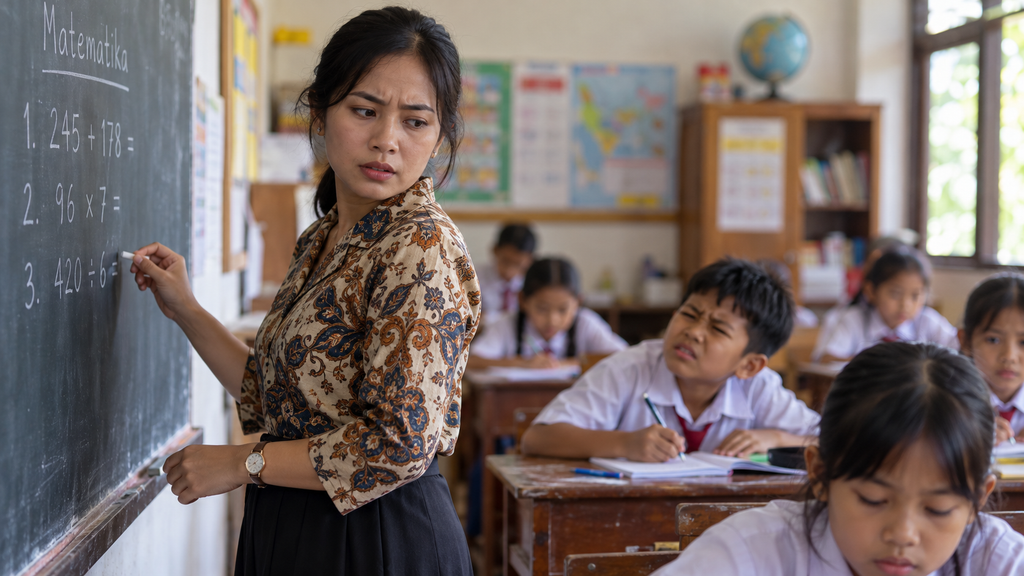 Guru kelas mengamati siswanya yang kesulitan melihat tulisan di papan tulis dari bangku belakang, sebagai langkah awal deteksi refraksi.