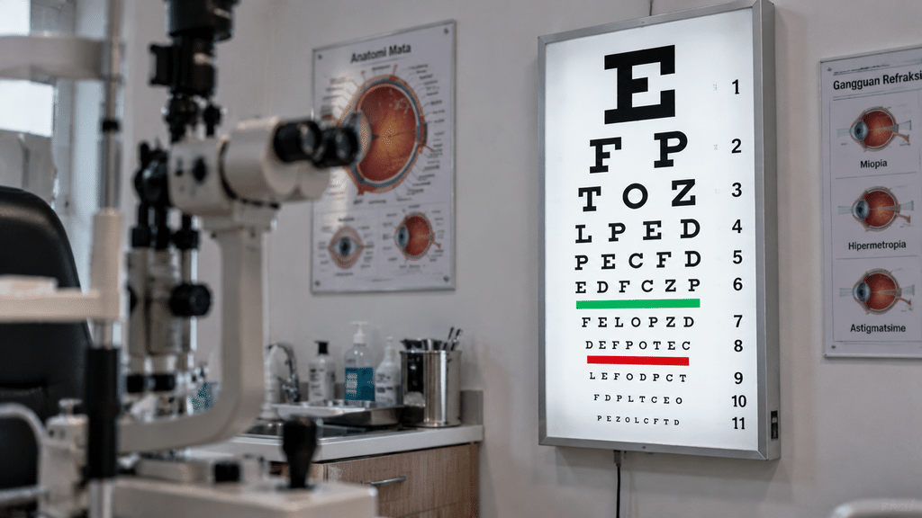 Papan Snellen chart bertuliskan huruf-huruf dengan ukuran bervariasi yang digunakan untuk mengukur ketajaman penglihatan.