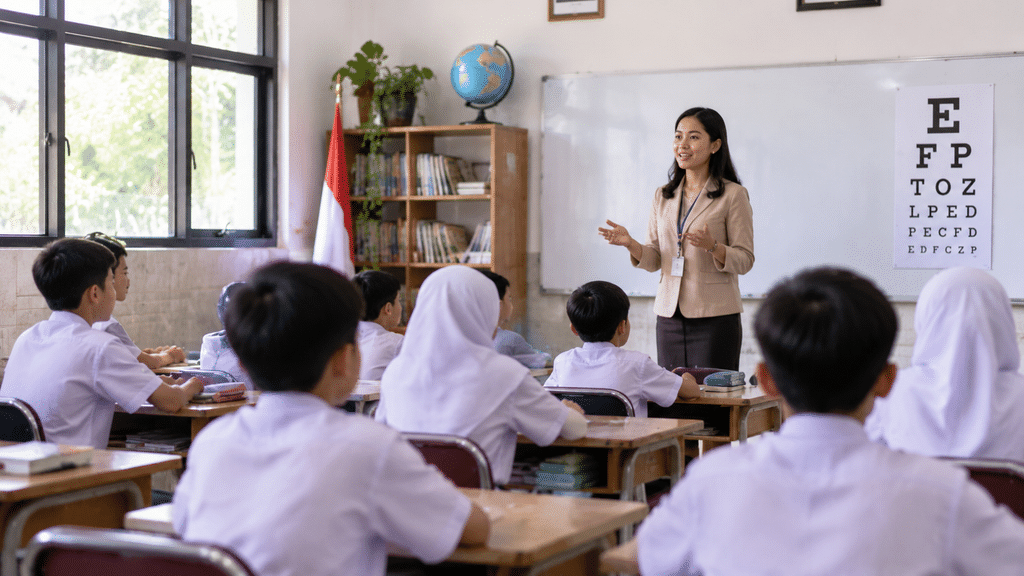 Seorang guru sedang mengajar di depan kelas yang tenang, merepresentasikan sasaran kegiatan baksos di lingkungan sekolah.
