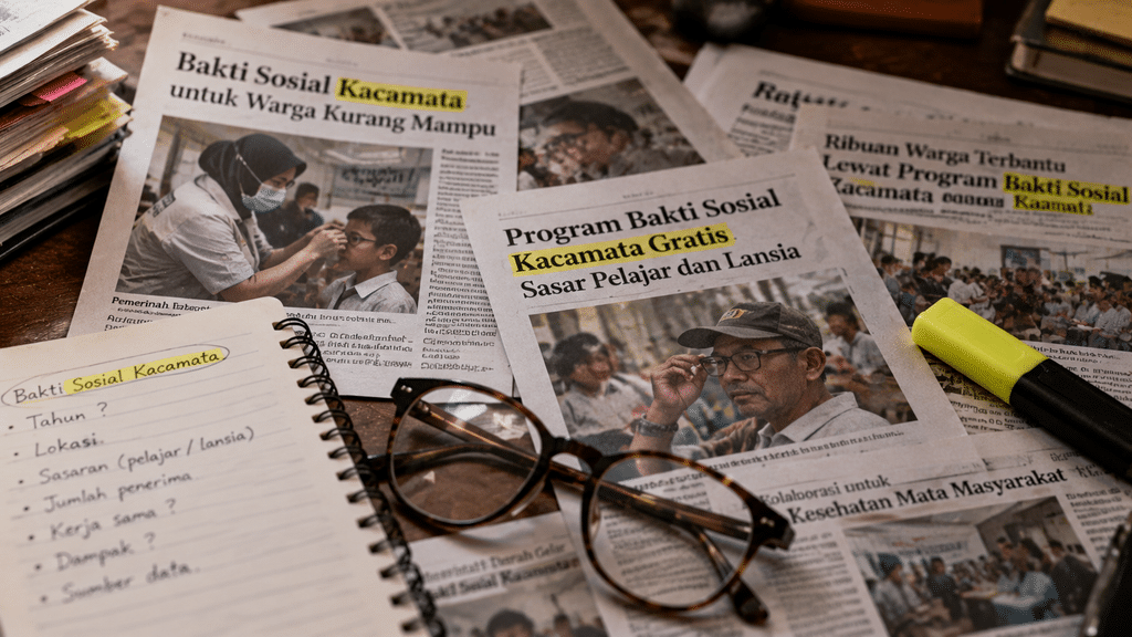 Tumpukan kliping koran dan cetakan artikel berita online mengenai program pembagian kacamata gratis dari berbagai lembaga.