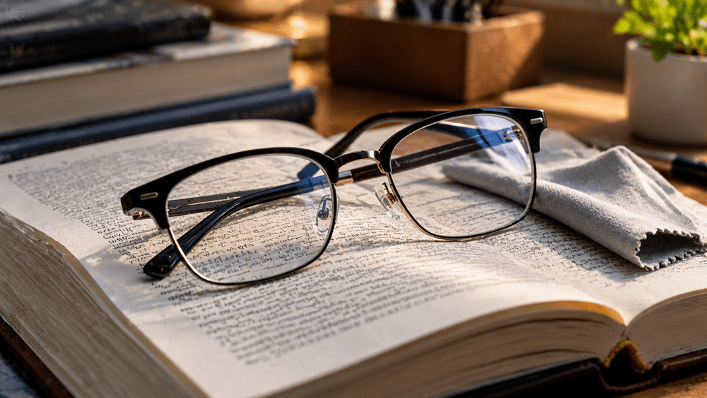 Sepasang kacamata baca dengan bingkai modern diletakkan di atas halaman buku yang terbuka beserta kain pembersih lensanya.