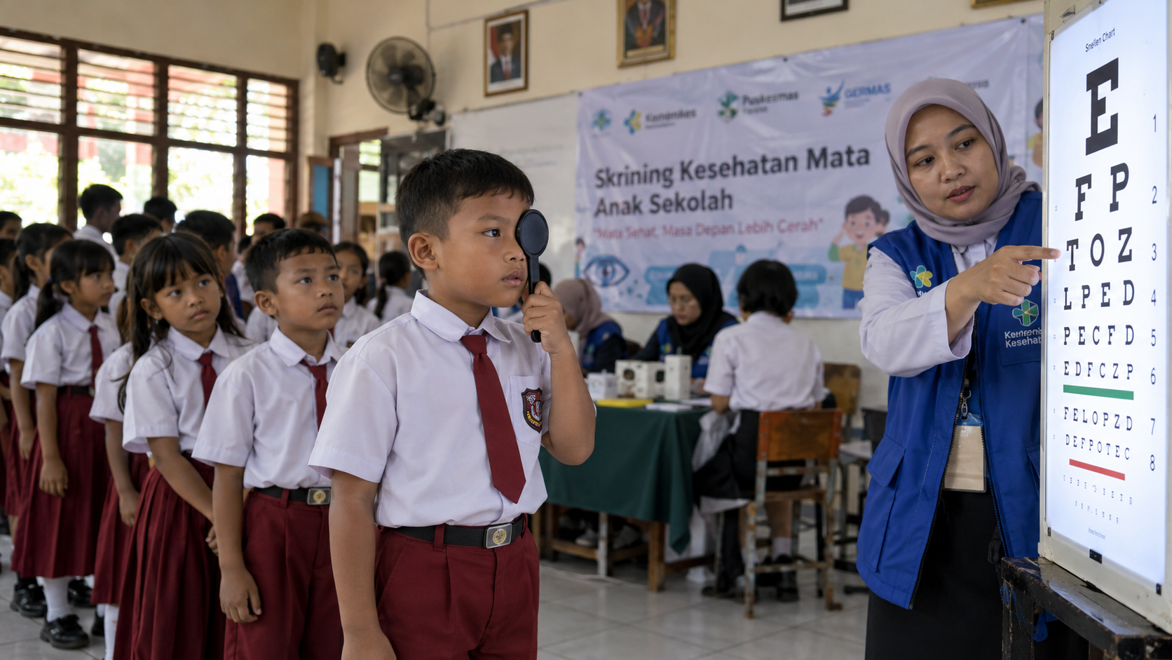 Petugas kesehatan melakukan skrining awal tajam penglihatan menggunakan snellen chart pada puluhan siswa di aula sekolah dasar.