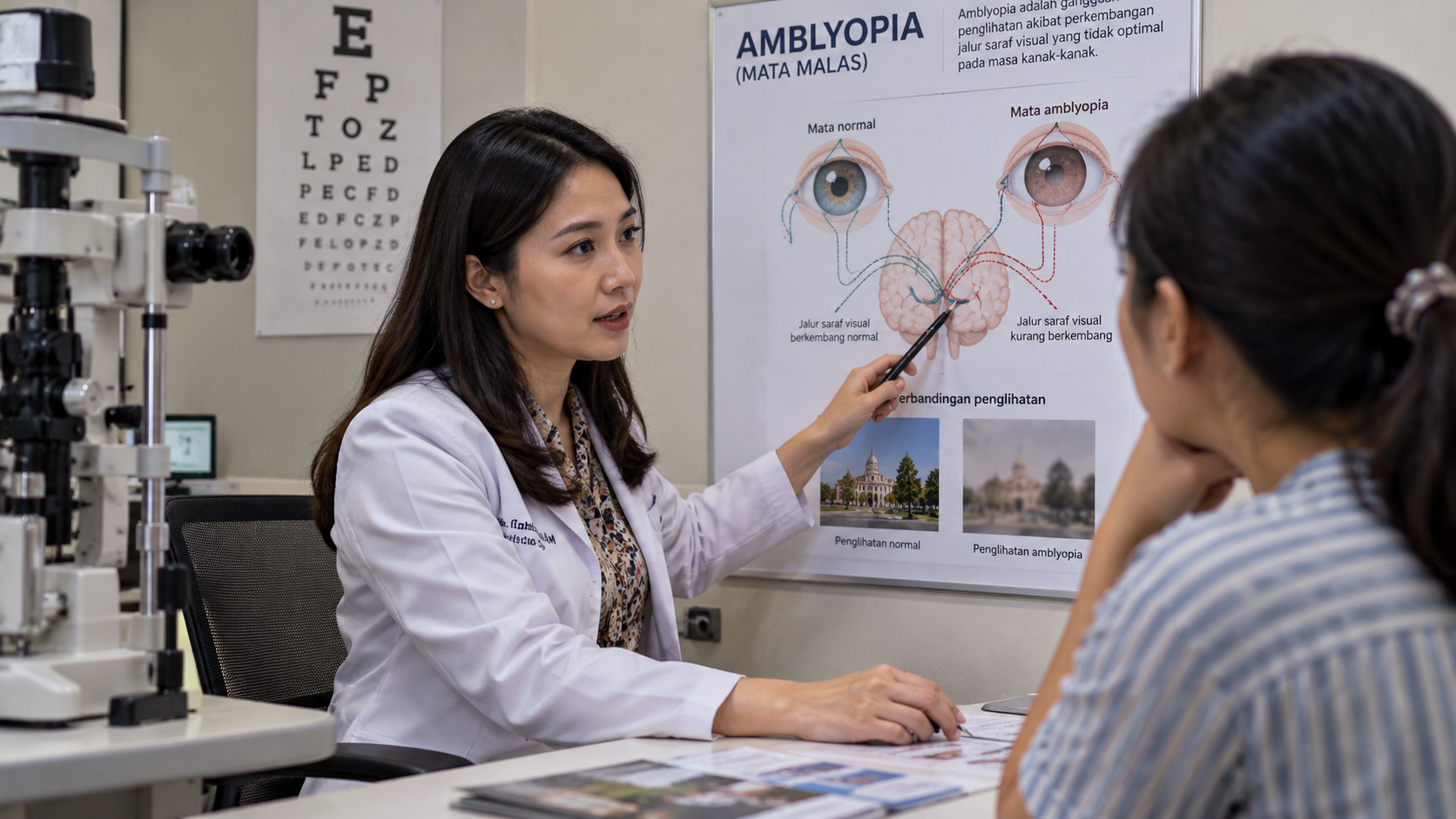 Dokter spesialis mata anak menjelaskan diagram medis mengenai perkembangan ambliopia atau mata malas kepada orang tua di klinik.